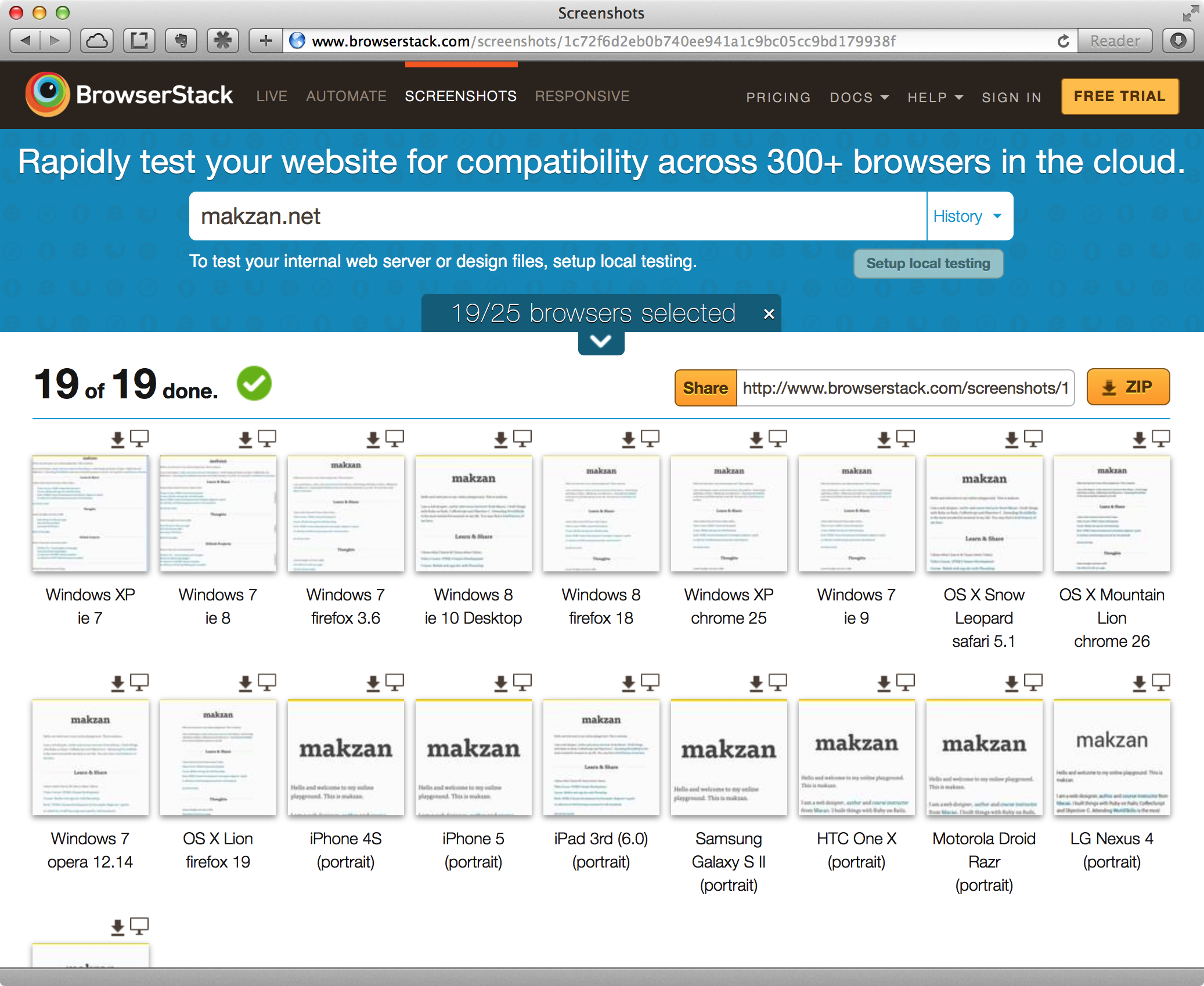 BrowserStack displaying makzan.net