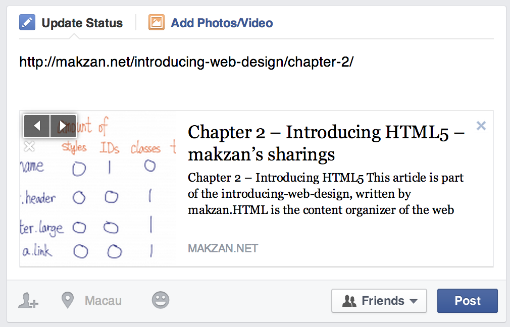 Document title appears in the facebook sharing box